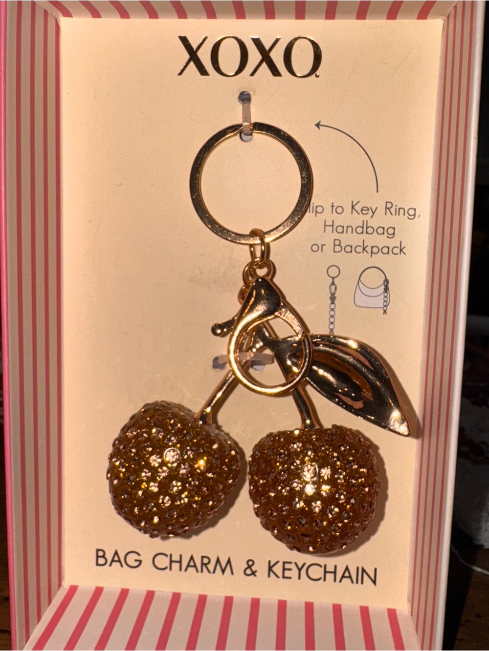 XOXO Gold Glitter Cherry Bag Charm Keychain